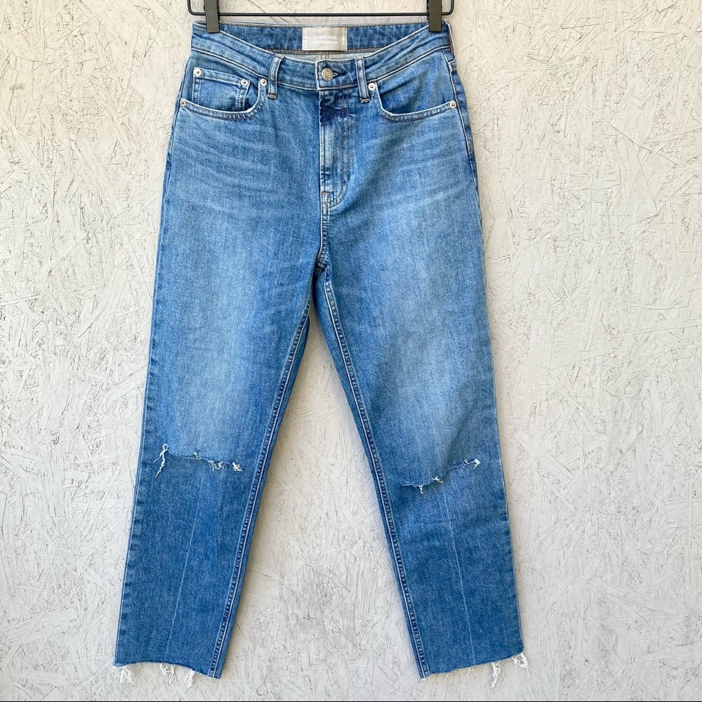 Everlane The High Rise Straight Jean Sz 27 Raw Hem Distressed Knee Rip